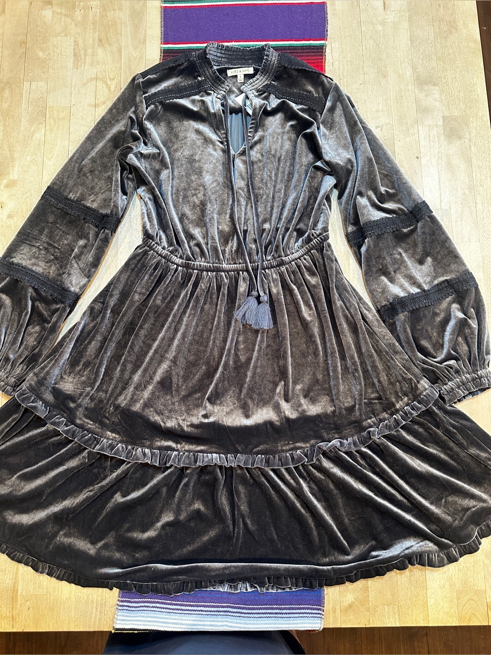 Velvet Tiered Tassel Tie Dress - Charcoal